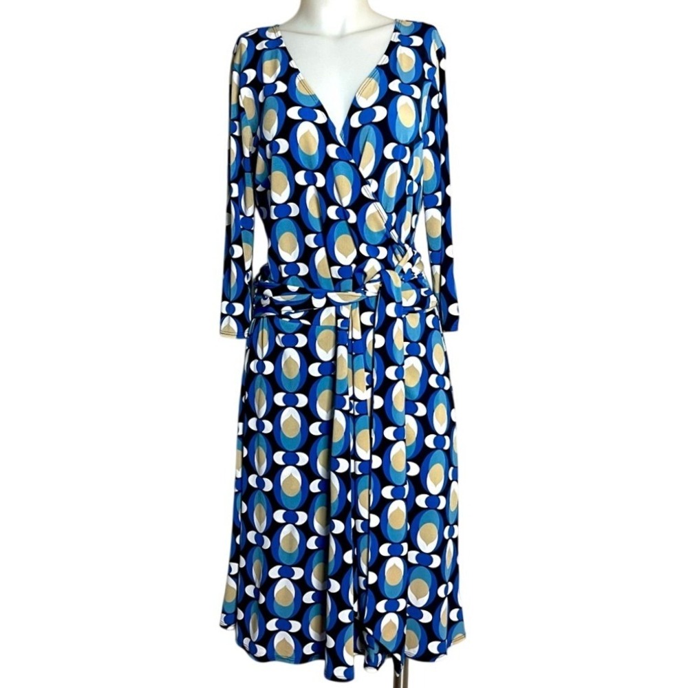 AB STUDIO MULTI‎ BLUE GRAPHIC PRINT LONG SLEEVE SURPLICE DRESS